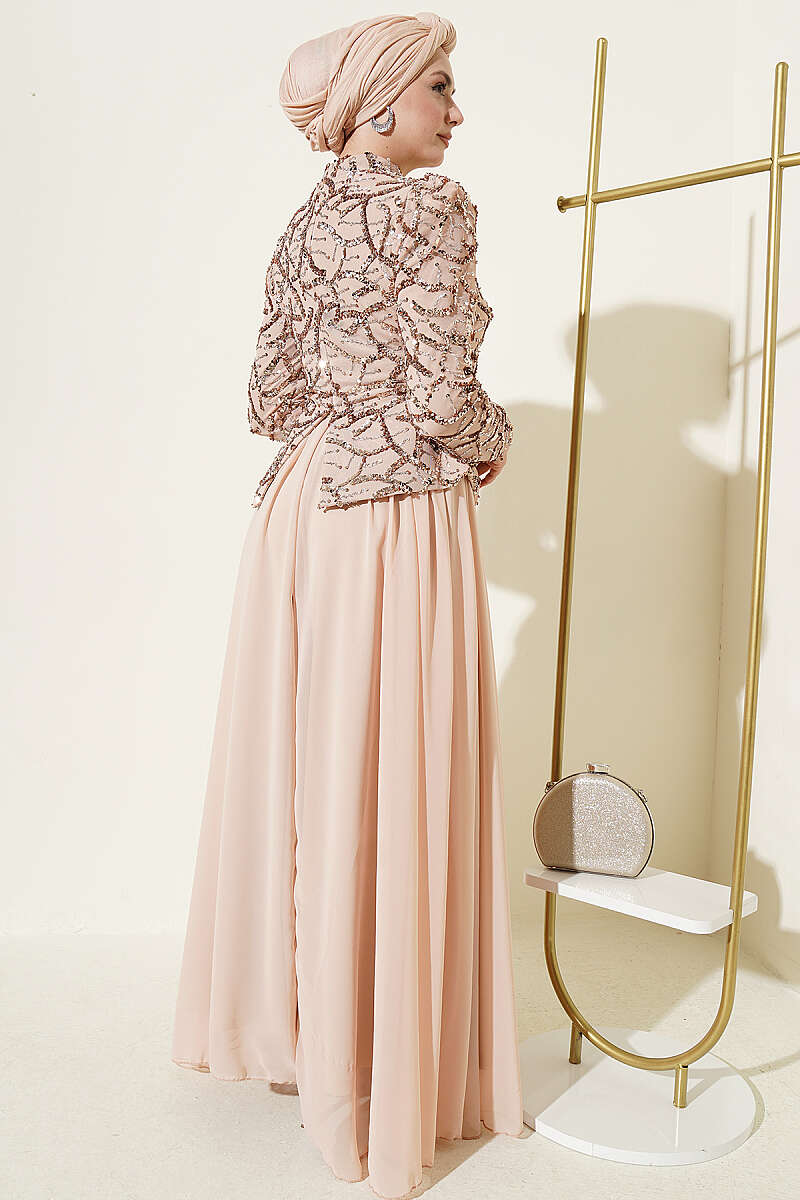 Sequin and Bead Embroidered Evening Dress - Beige