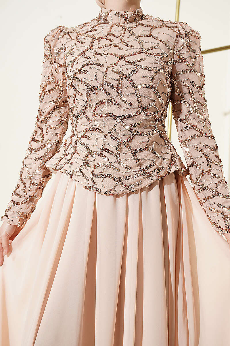 Sequin and Bead Embroidered Evening Dress - Beige