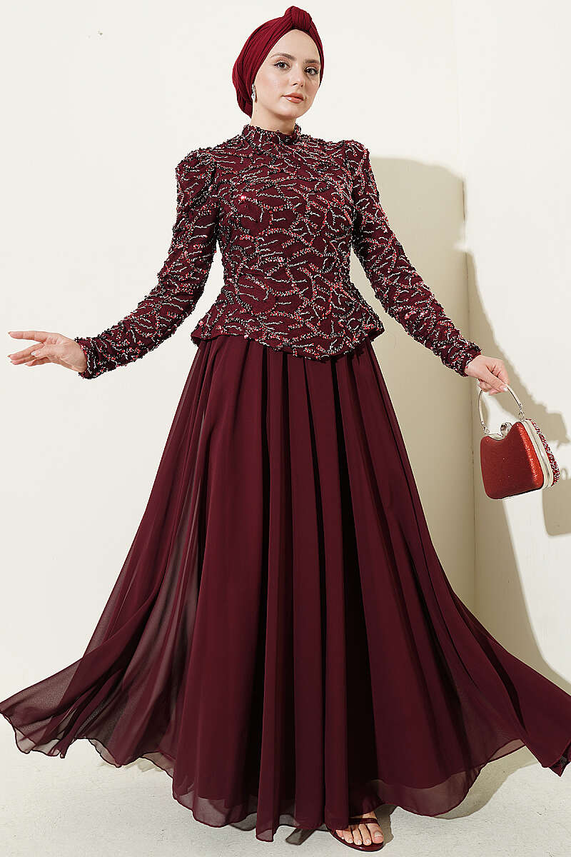 Sequin and Bead Embroidered Evening Dress - Burgundy