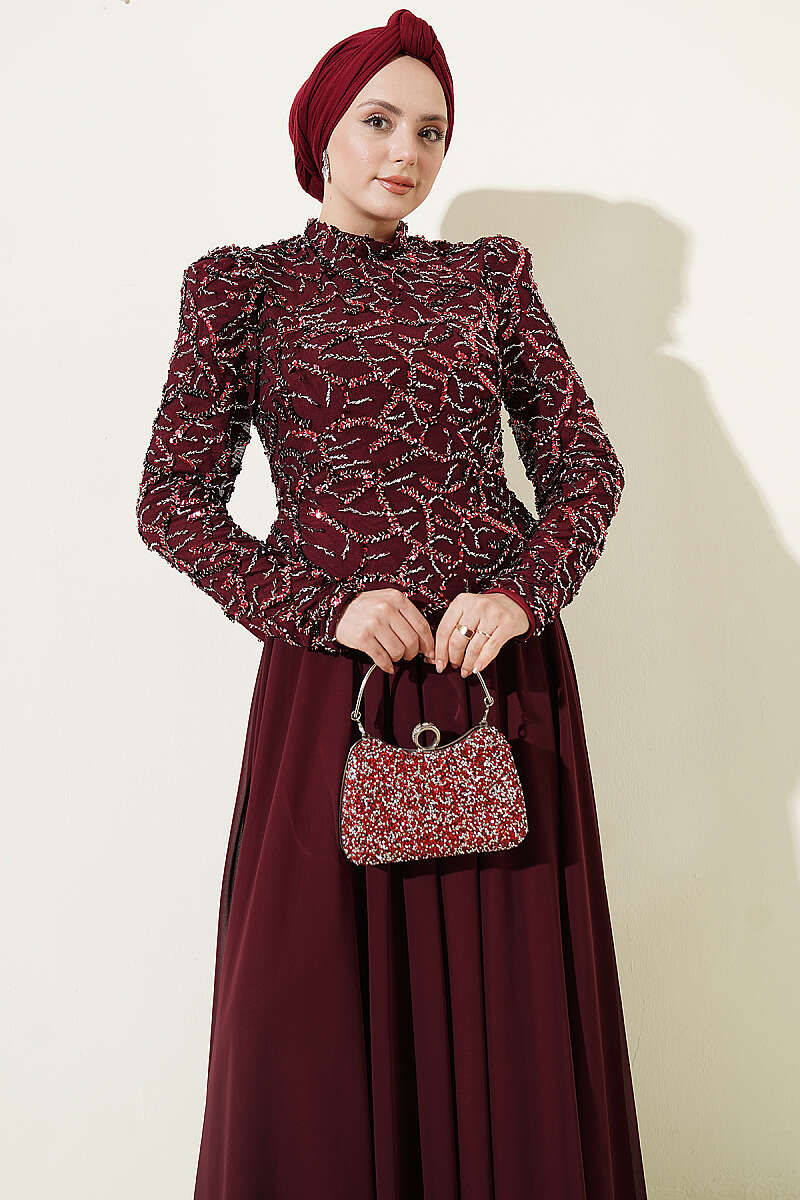 Sequin and Bead Embroidered Evening Dress - Burgundy