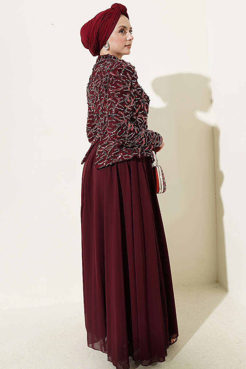 Sequin and Bead Embroidered Evening Dress - Burgundy