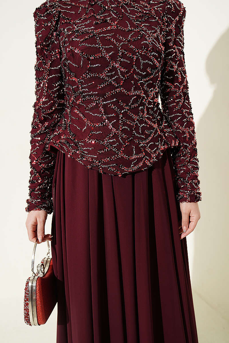 Sequin and Bead Embroidered Evening Dress - Burgundy