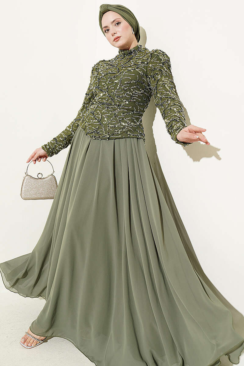 Sequin and Bead Embroidered Evening Dress - Khaki