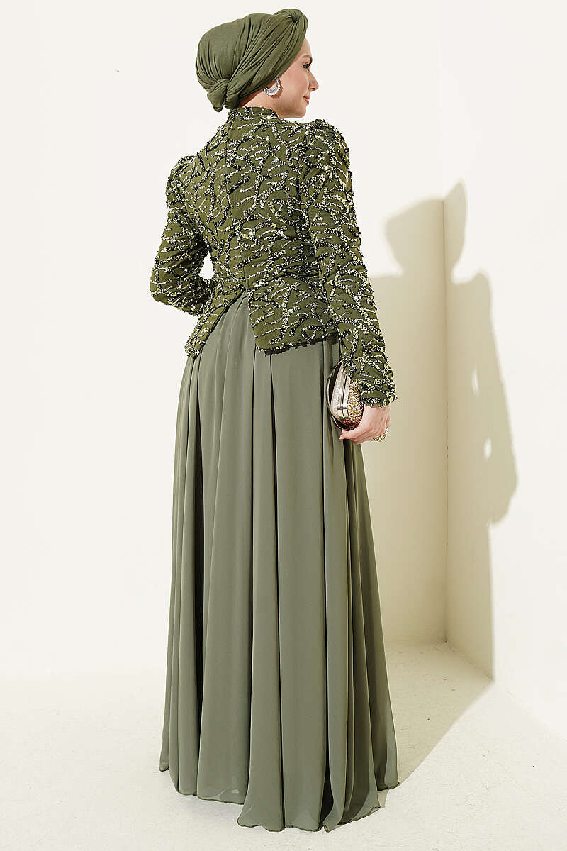 Sequin and Bead Embroidered Evening Dress - Khaki