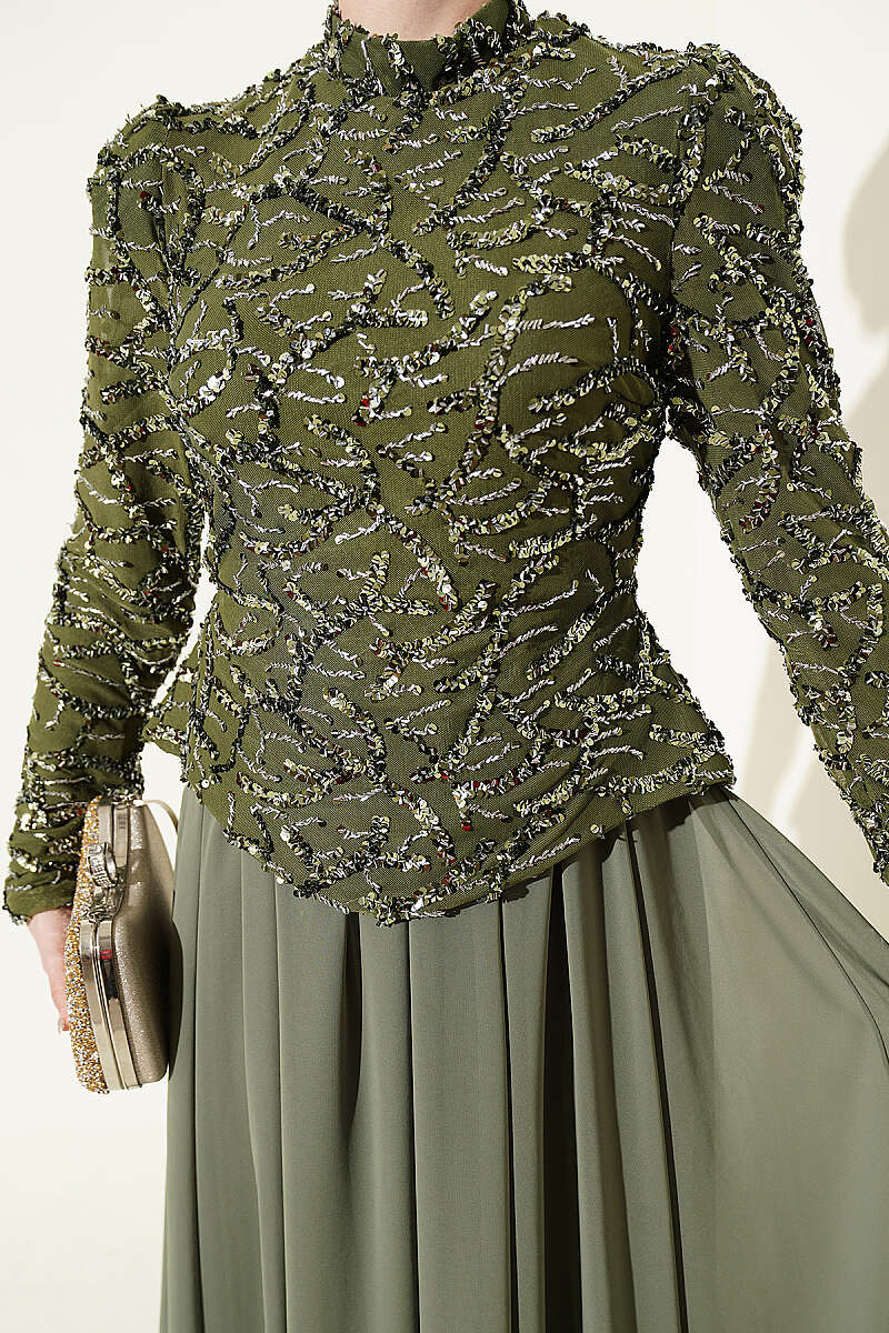 Sequin and Bead Embroidered Evening Dress - Khaki