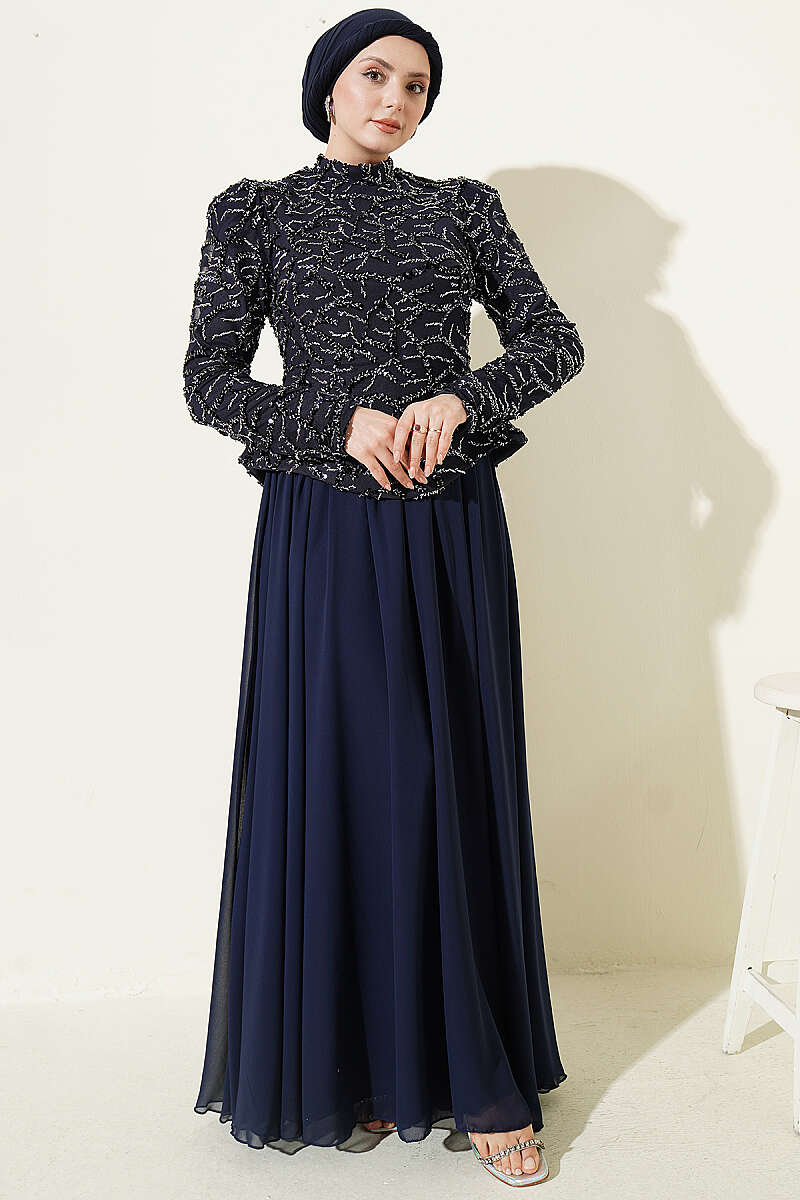 Sequin and Bead Embroidered Evening Dress - Navy