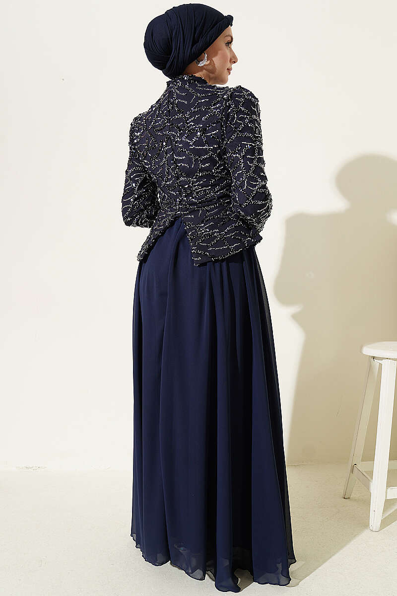 Sequin and Bead Embroidered Evening Dress - Navy