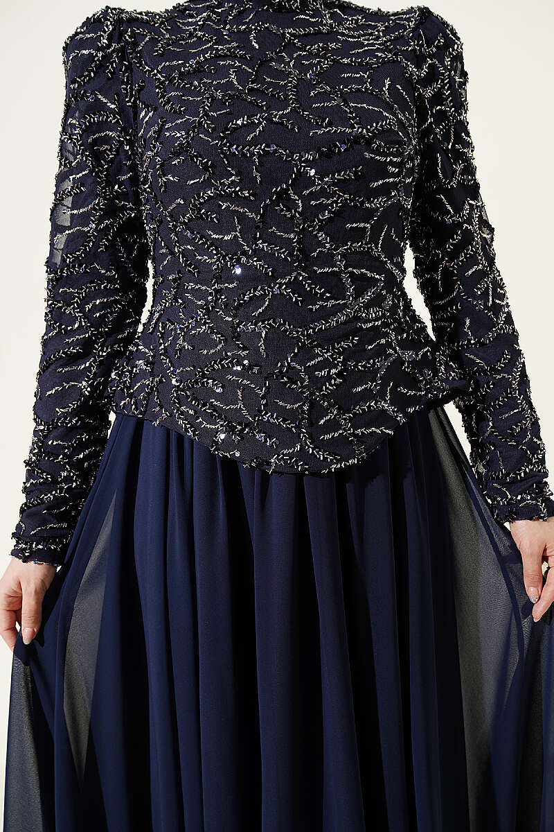 Sequin and Bead Embroidered Evening Dress - Navy