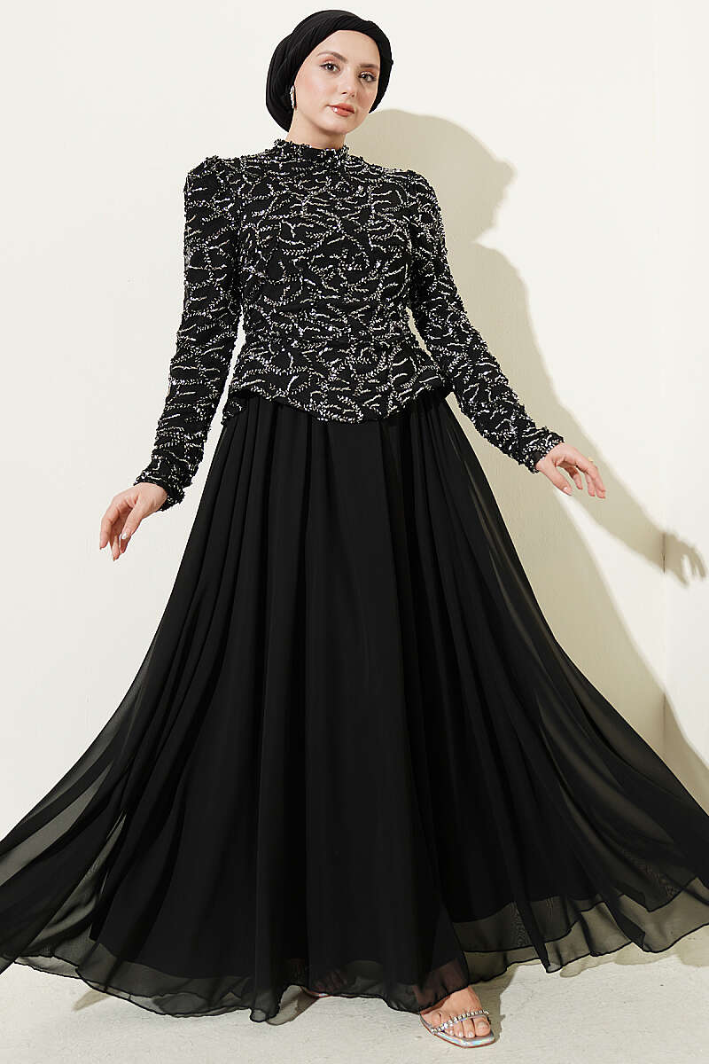 Sequin and Bead Embroidered Evening Dress - Black