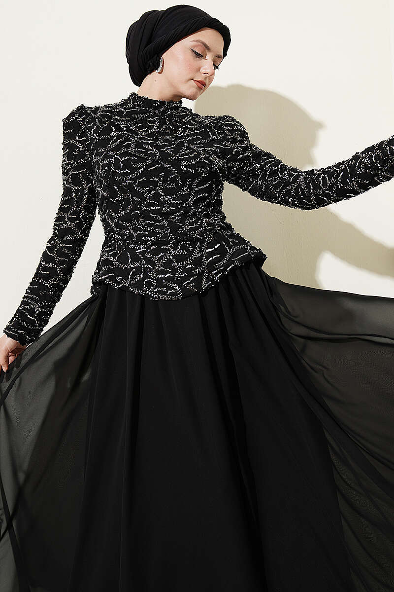 Sequin and Bead Embroidered Evening Dress - Black