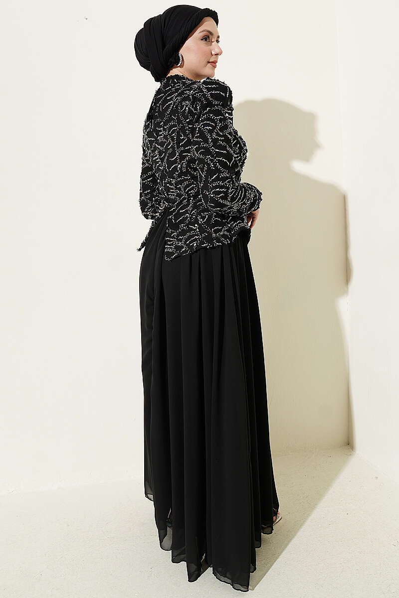 Sequin and Bead Embroidered Evening Dress - Black