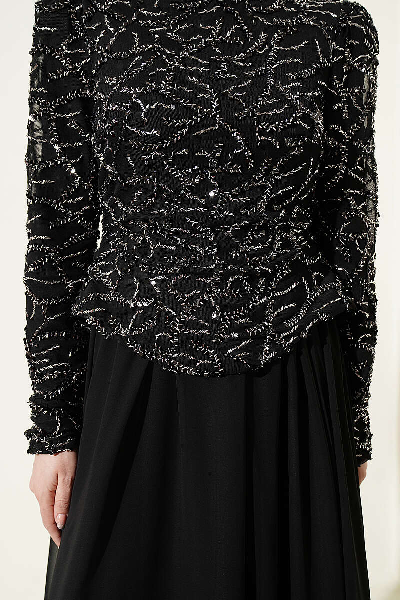 Sequin and Bead Embroidered Evening Dress - Black