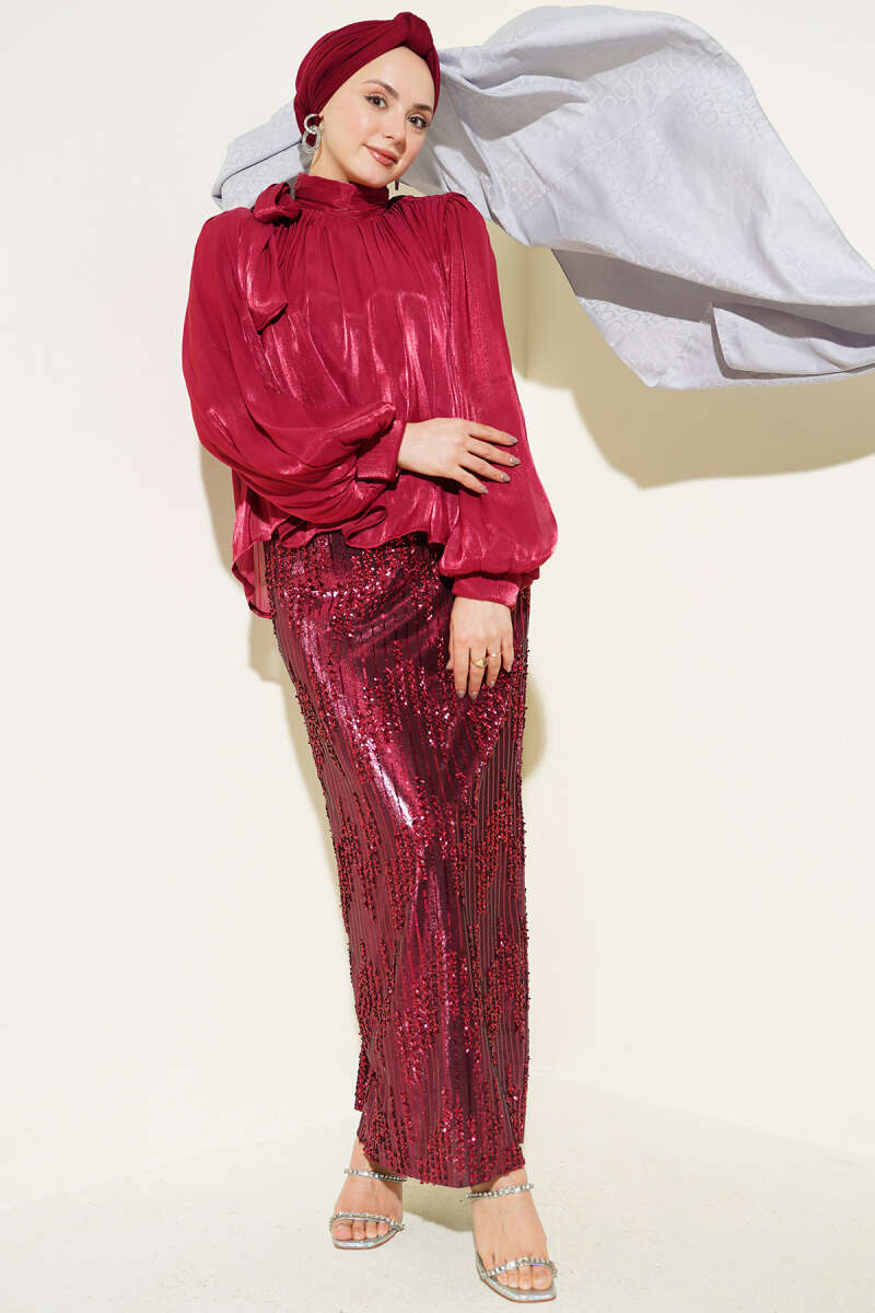 Sequin Evening Skirt Set - Burgundy