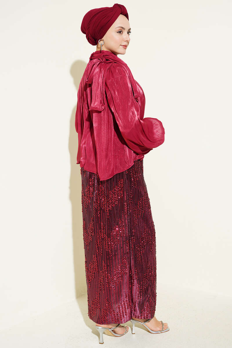 Sequin Evening Skirt Set - Burgundy