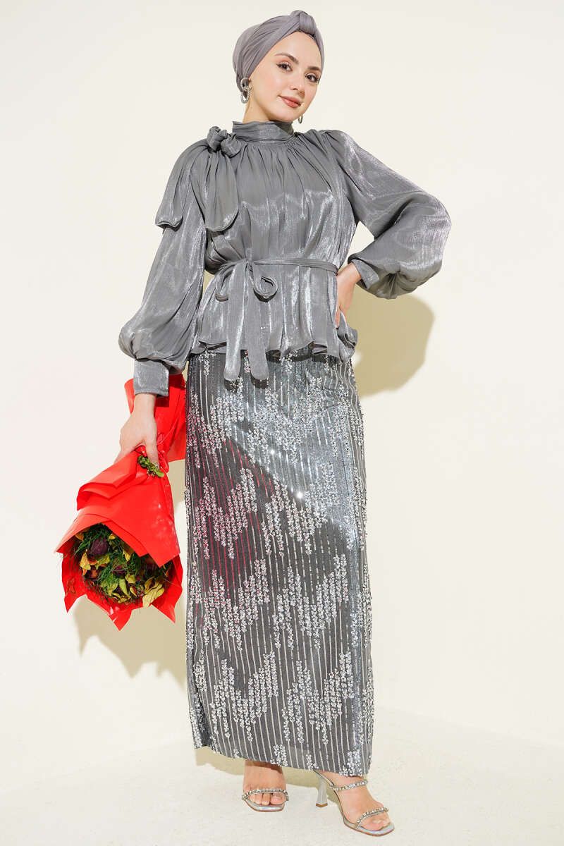 Sequin Evening Skirt Set - Grey