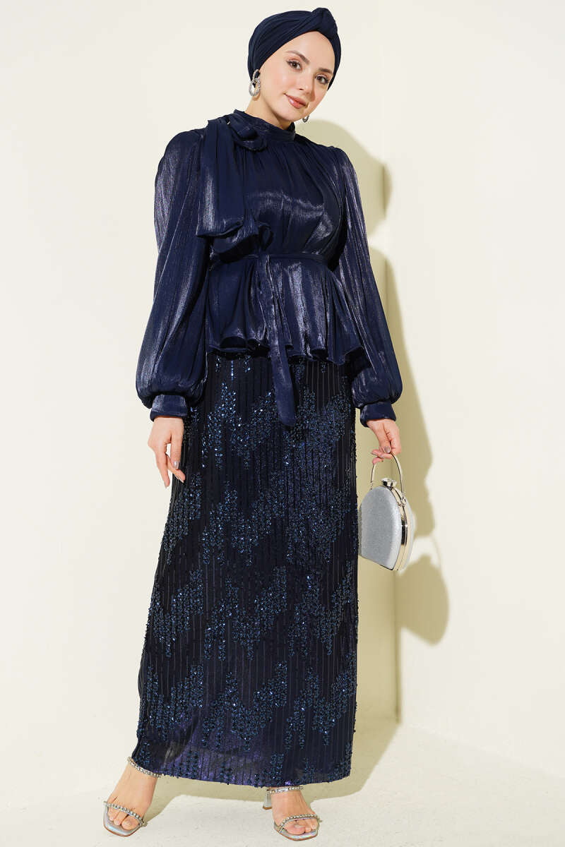 Sequin Evening Skirt Set - Navy