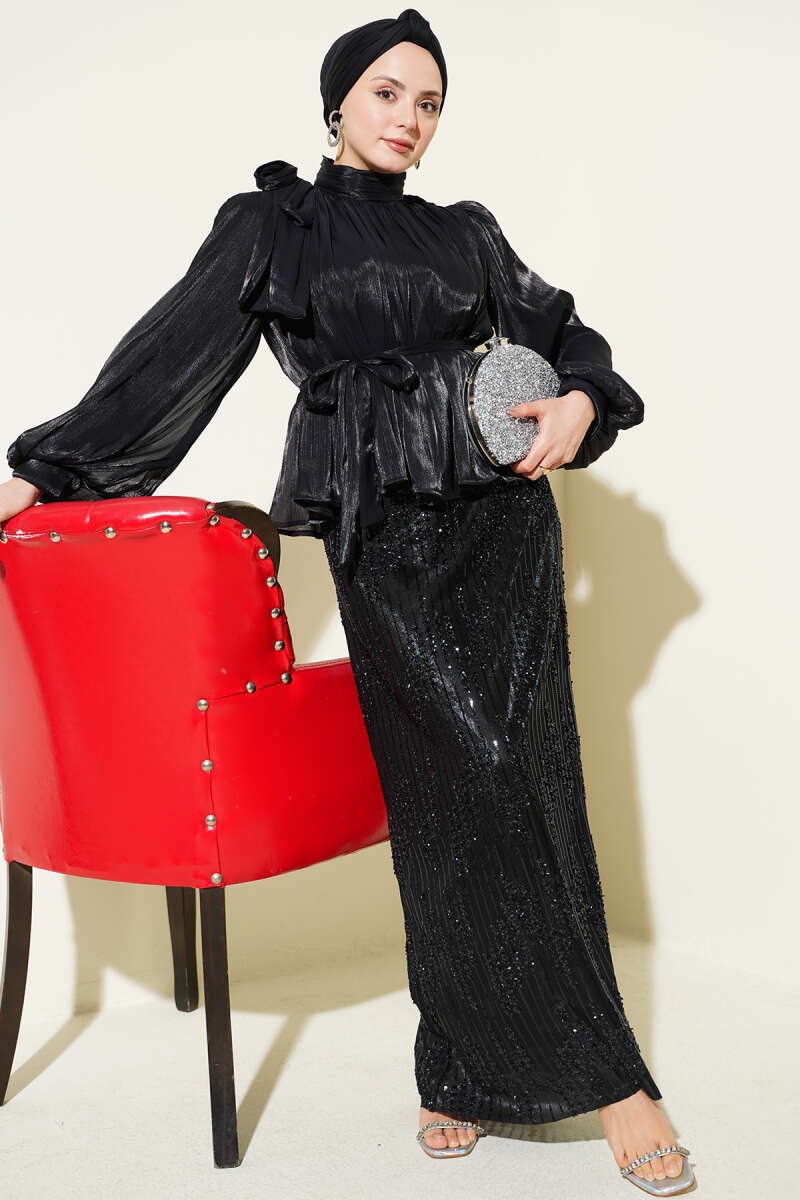 Sequin Evening Skirt Set - Black