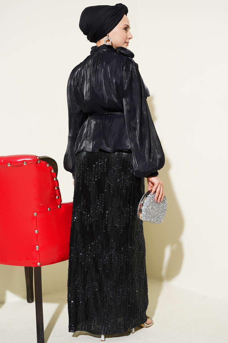 Sequin Evening Skirt Set - Black