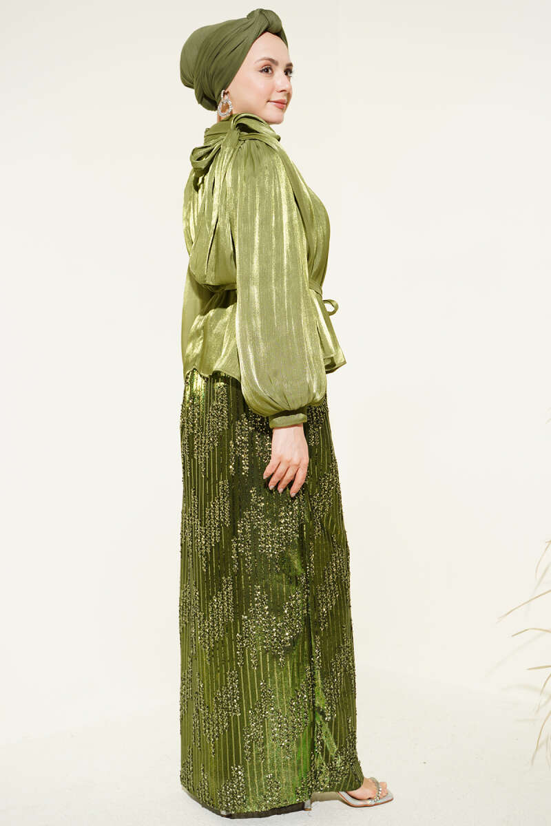 Sequin Evening Skirt Set - Olive