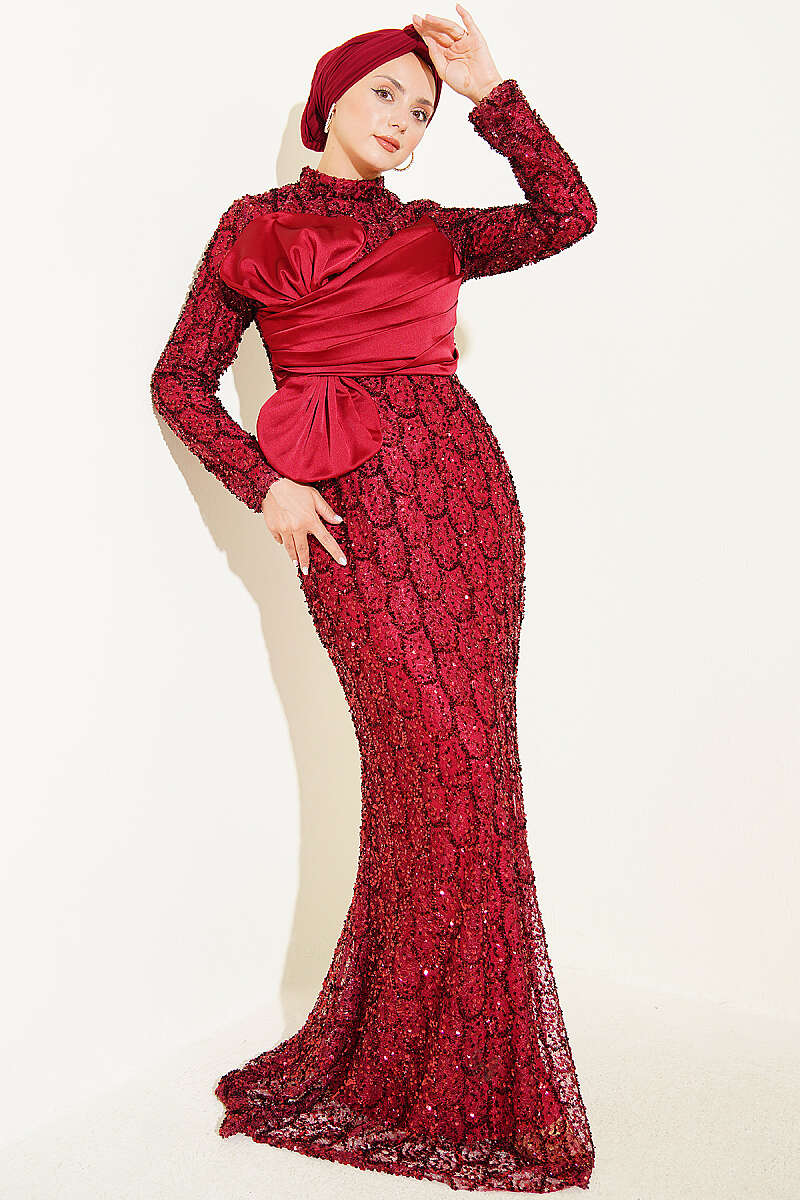 Sequin Evening Dress with Ribbon Detail - Burgundy