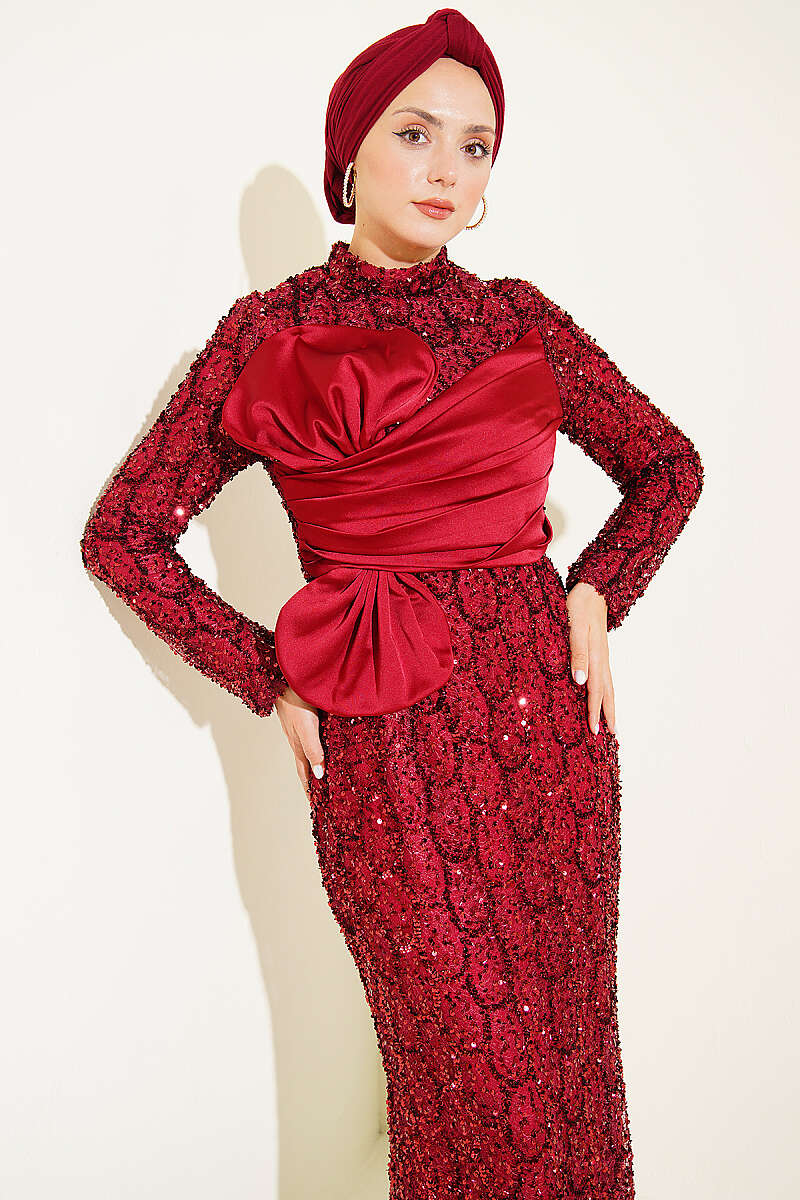 Sequin Evening Dress with Ribbon Detail - Burgundy