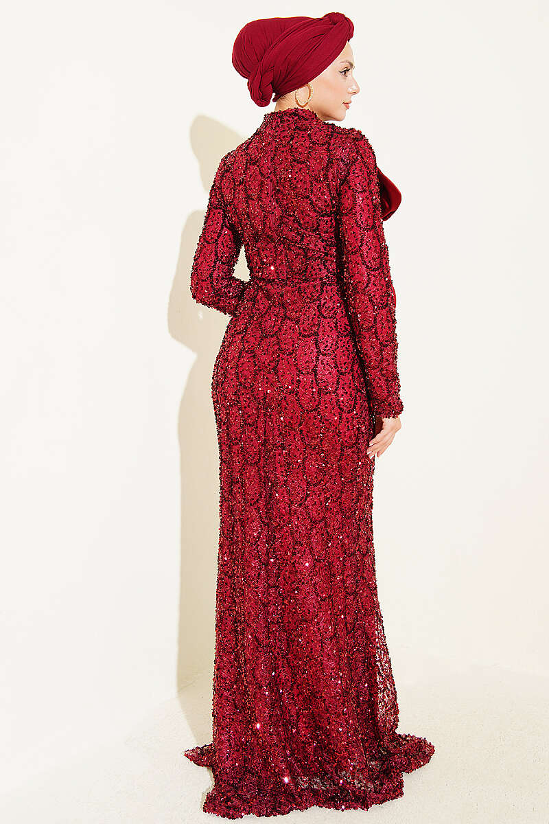 Sequin Evening Dress with Ribbon Detail - Burgundy