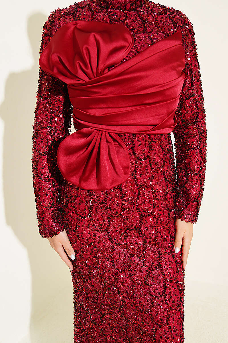 Sequin Evening Dress with Ribbon Detail - Burgundy