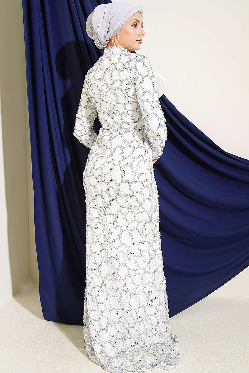 Sequin Evening Dress with Ribbon Detail - Ecru