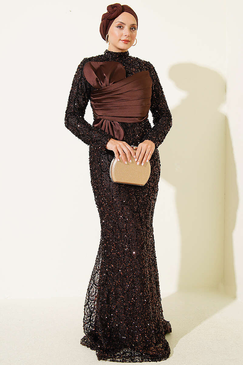 Sequin Evening Dress with Ribbon Detail - Brown