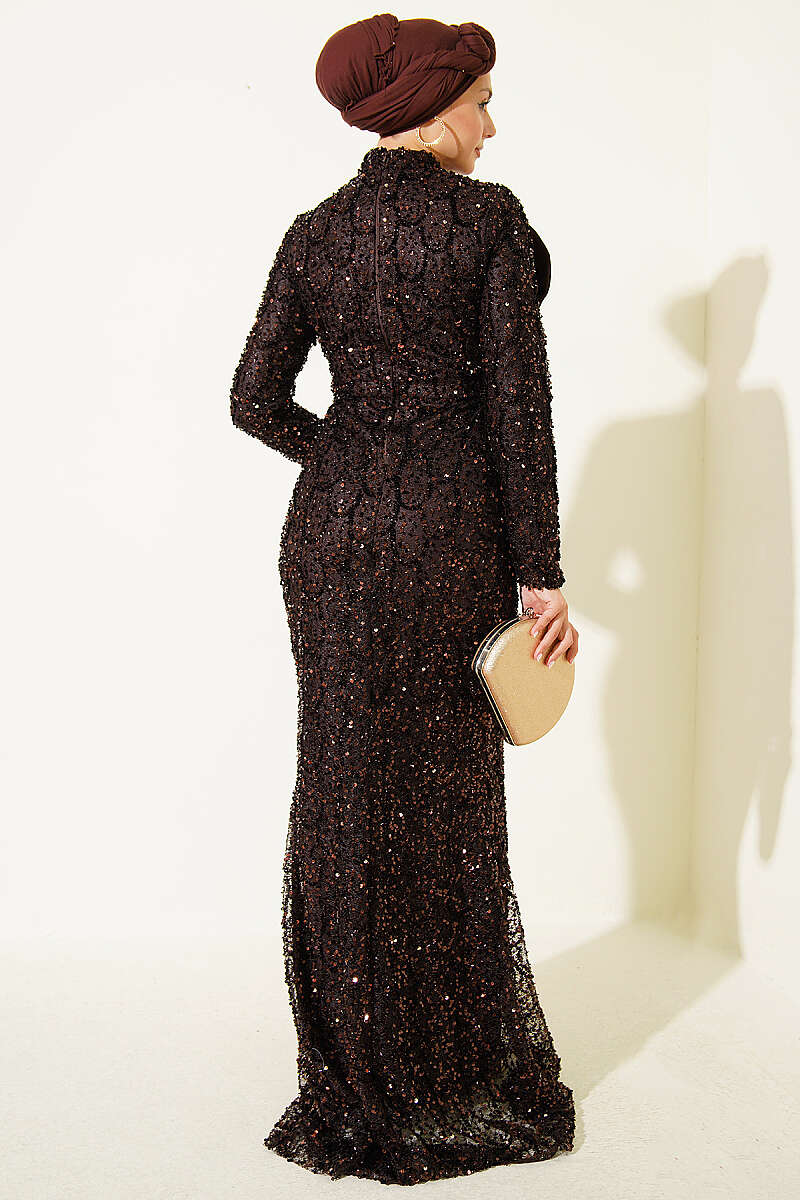 Sequin Evening Dress with Ribbon Detail - Brown
