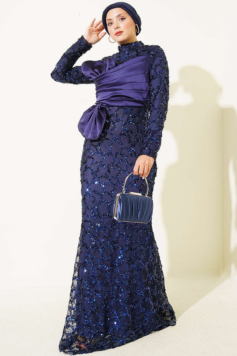 Sequin Evening Dress with Ribbon Detail - Navy
