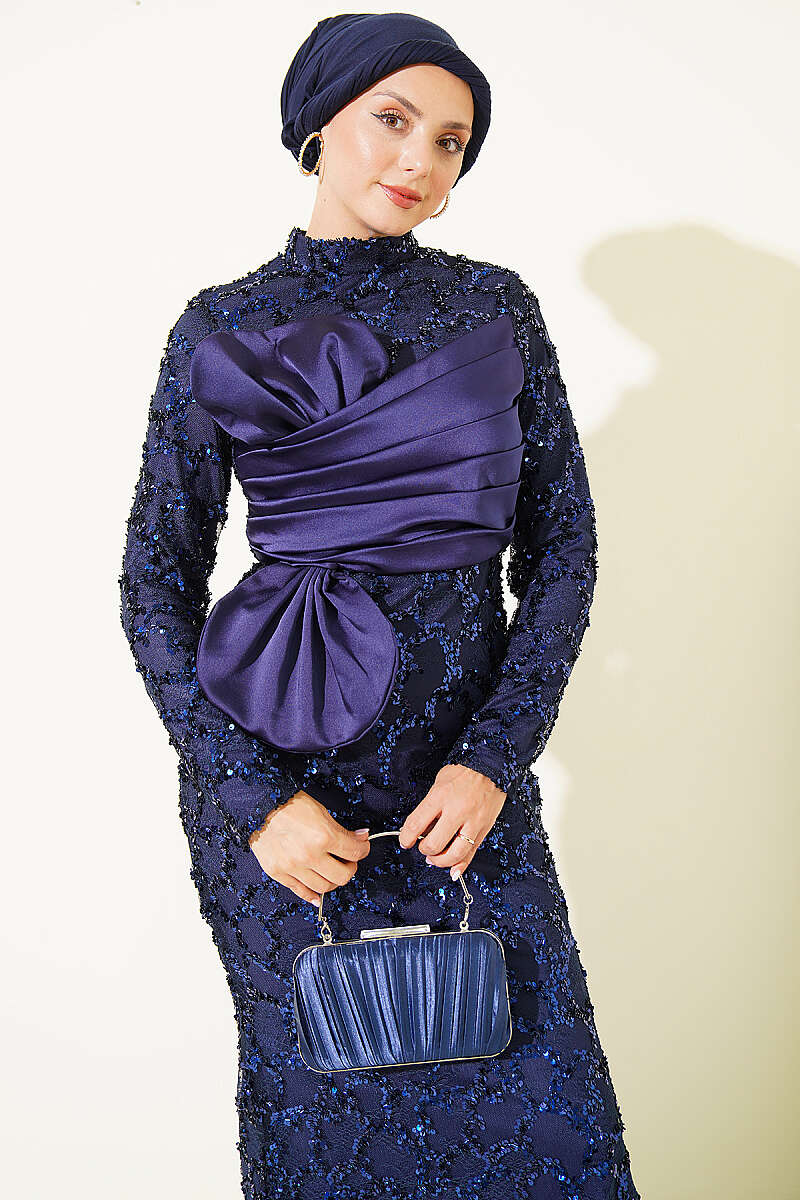 Sequin Evening Dress with Ribbon Detail - Navy