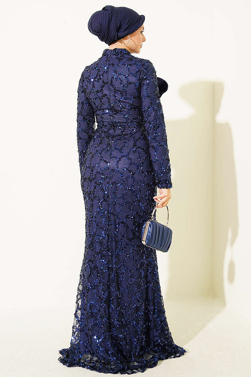 Sequin Evening Dress with Ribbon Detail - Navy