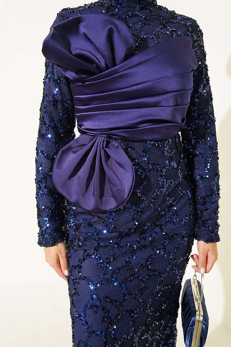 Sequin Evening Dress with Ribbon Detail - Navy