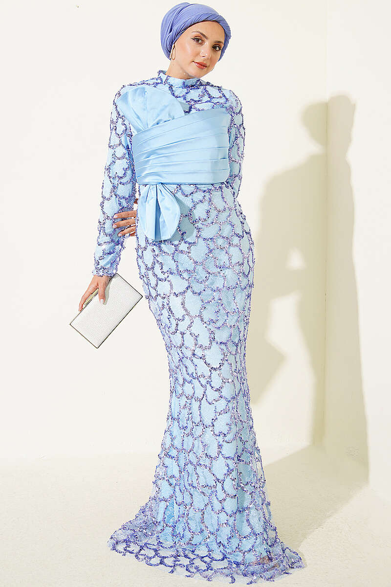 Sequin Evening Dress with Ribbon Detail - Blue