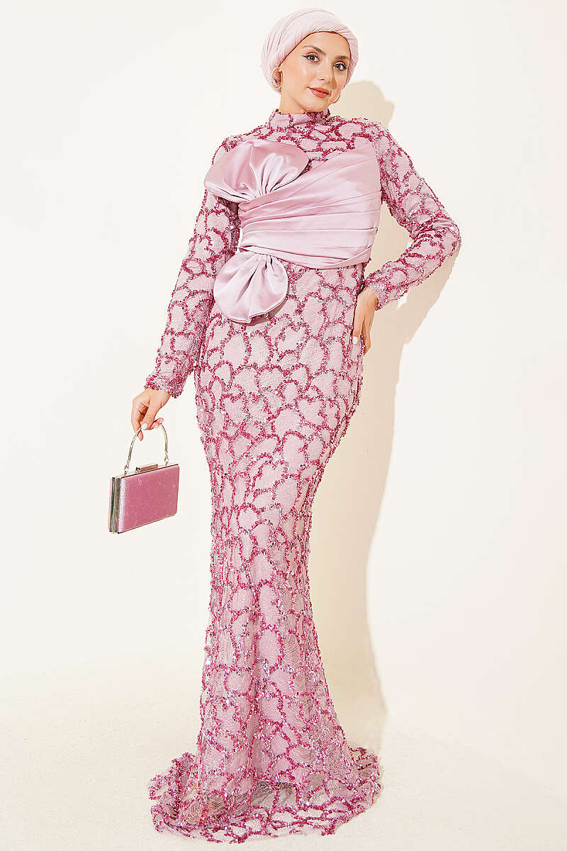 Sequin Evening Dress with Ribbon Detail - Powder