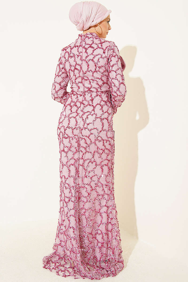 Sequin Evening Dress with Ribbon Detail - Powder