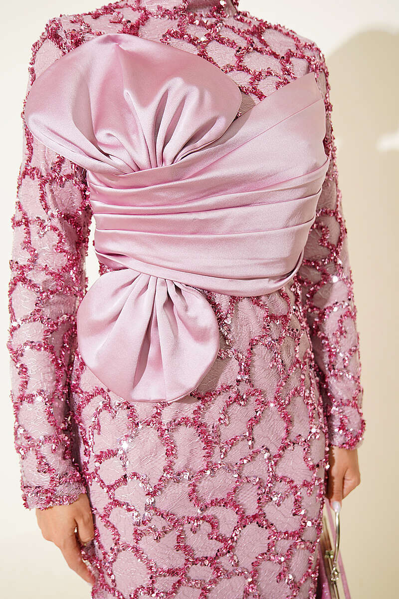 Sequin Evening Dress with Ribbon Detail - Powder