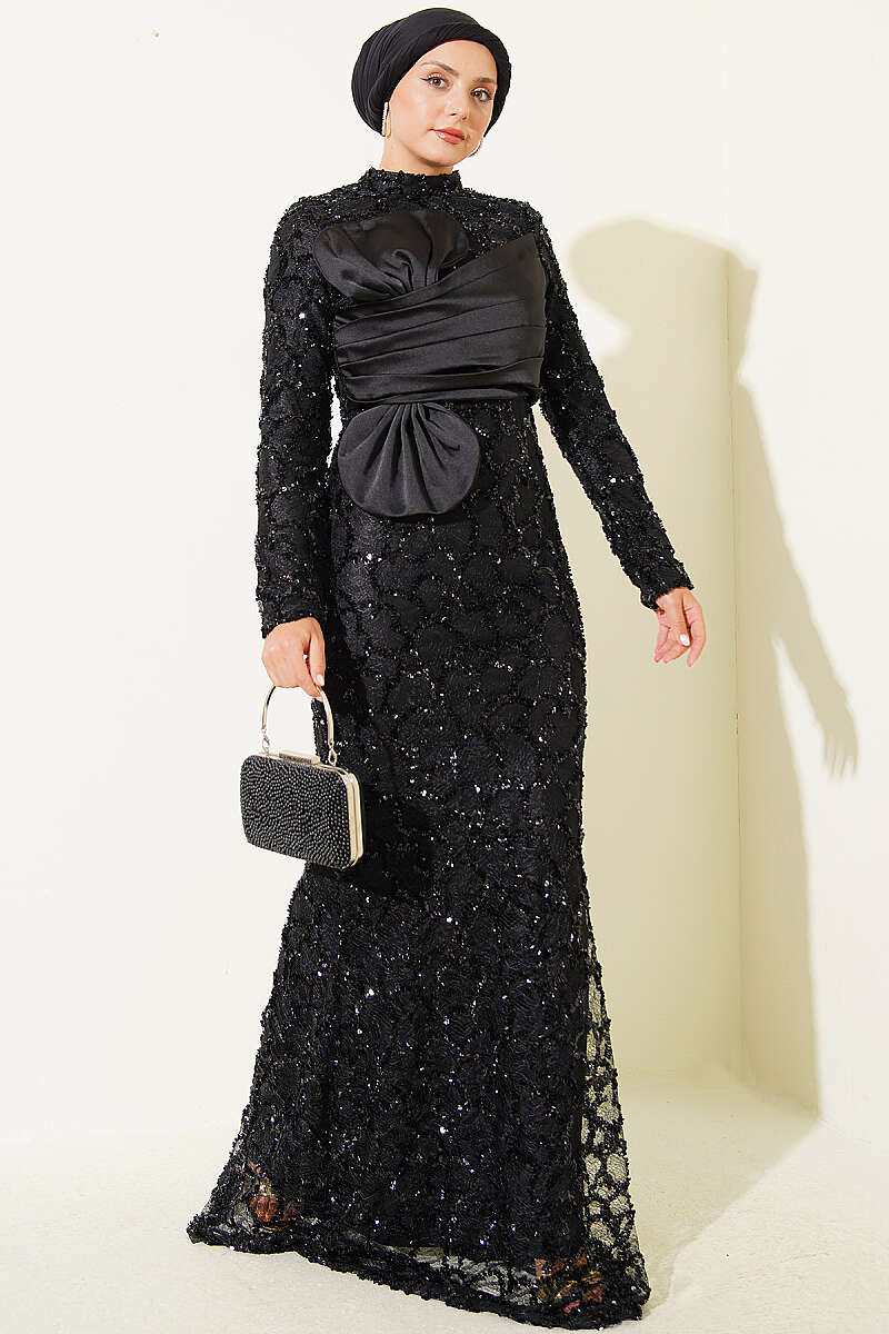 Sequin Evening Dress with Ribbon Detail - Black