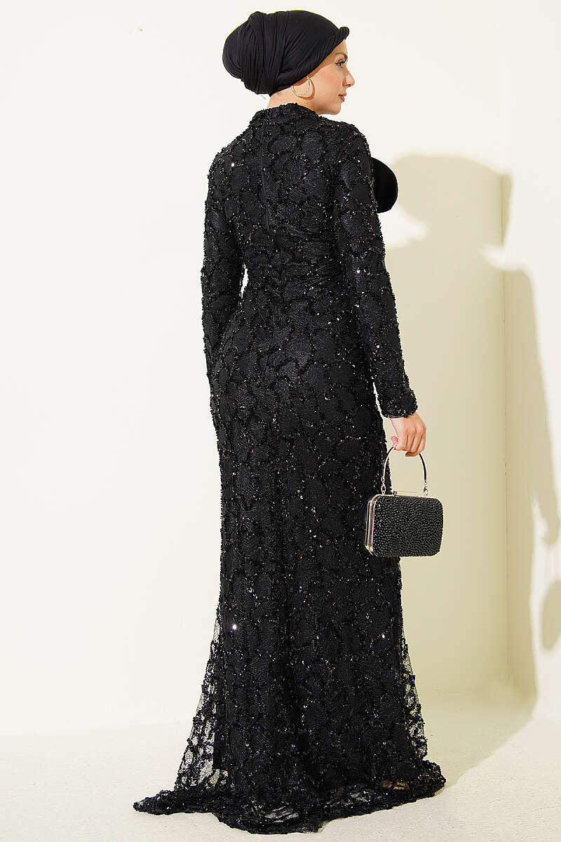 Sequin Evening Dress with Ribbon Detail - Black
