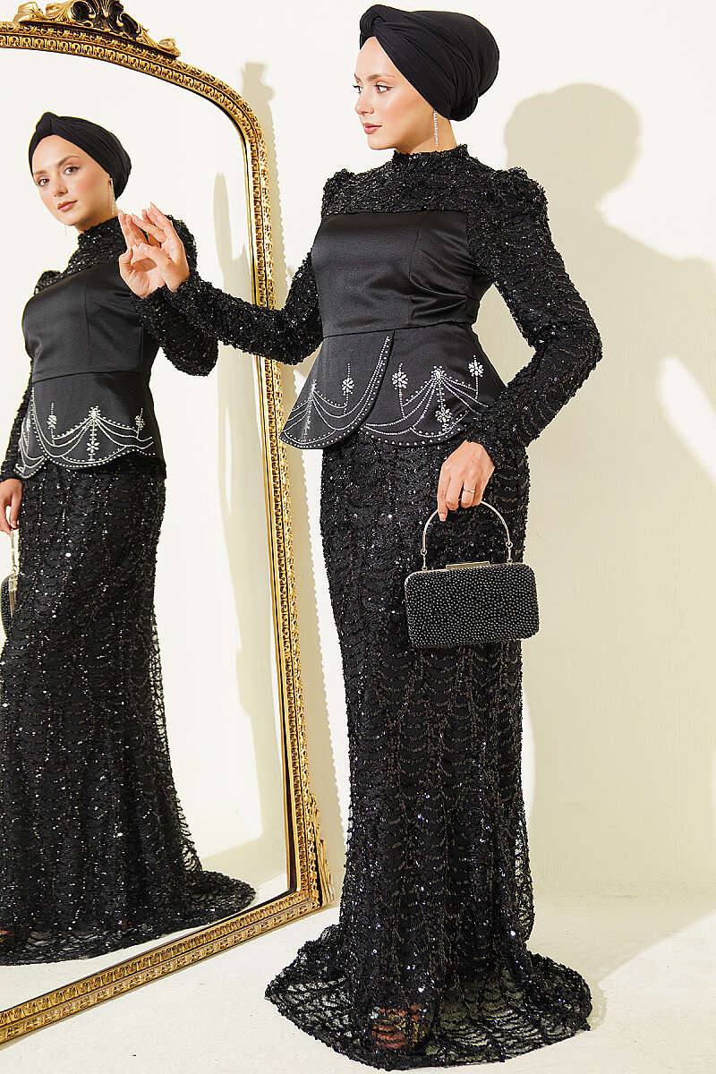 Sequin Evening Dress with Satin Corset Detail - Black