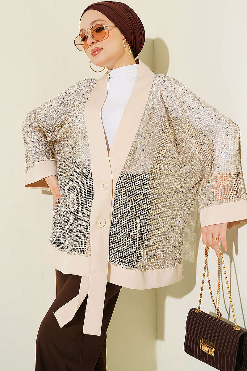 Sequin Mesh Cardigan - Beige