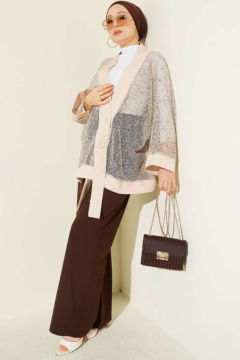 Sequin Mesh Cardigan - Beige