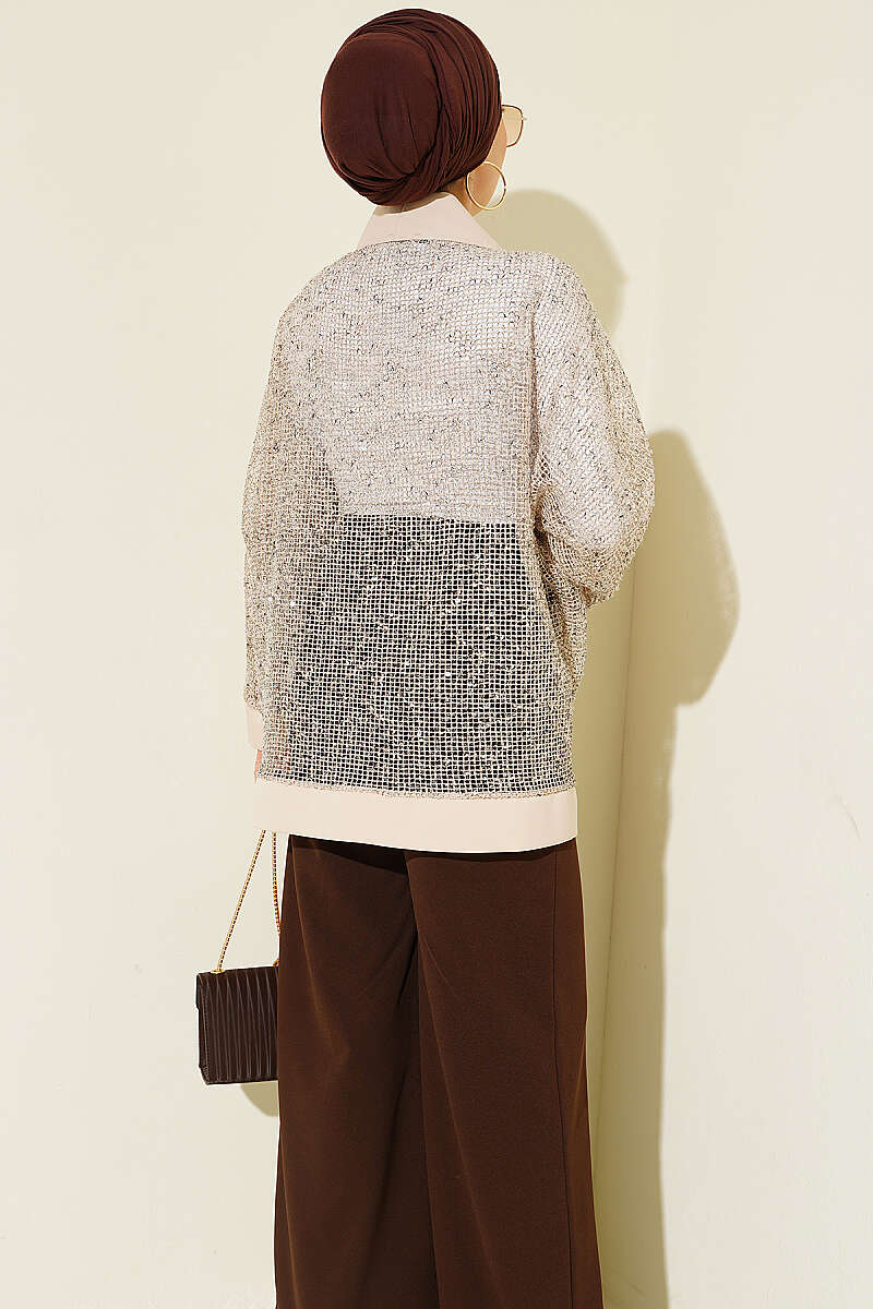 Sequin Mesh Cardigan - Beige