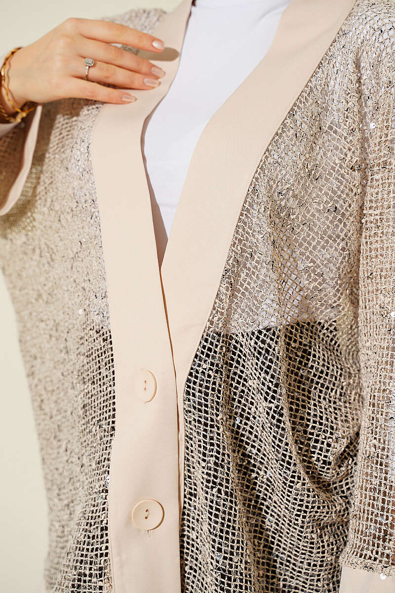 Sequin Mesh Cardigan - Beige