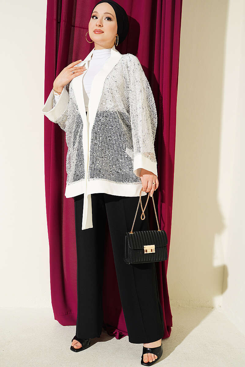 Sequin Mesh Cardigan - Ecru