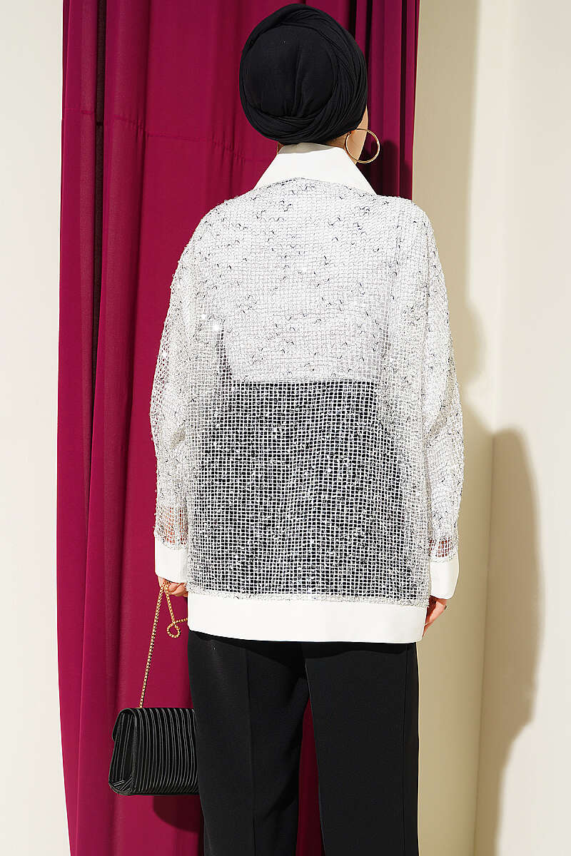 Sequin Mesh Cardigan - Ecru