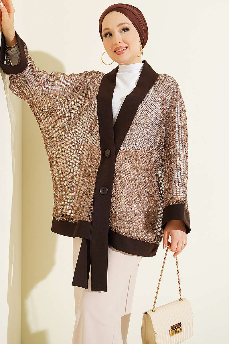 Sequin Mesh Cardigan - Brown