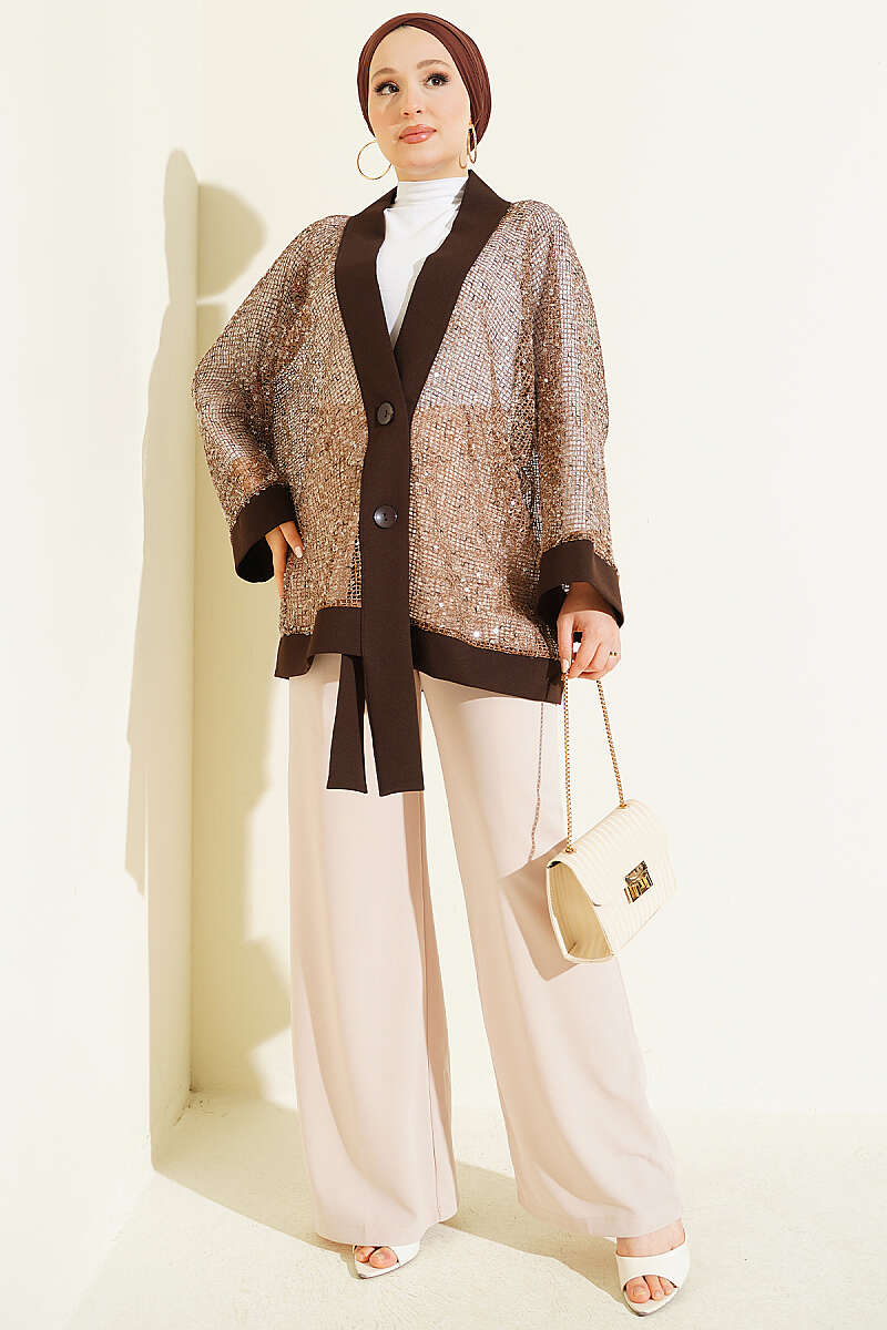 Sequin Mesh Cardigan - Brown