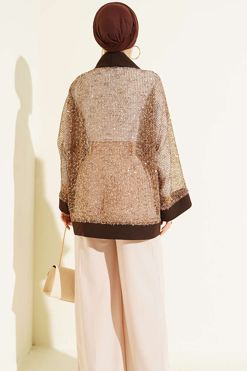 Sequin Mesh Cardigan - Brown